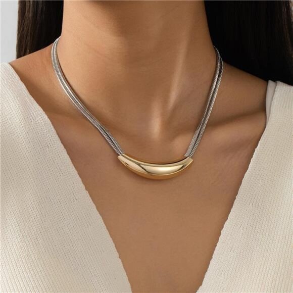Two-Tone Alloy Curved Pendant Snake Chain Necklace - Picture 1 of 6